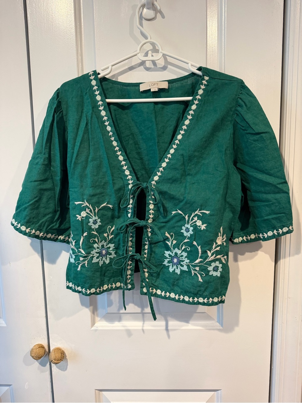 LOFT Emerald Green Embroidered Tie-Front Blouse